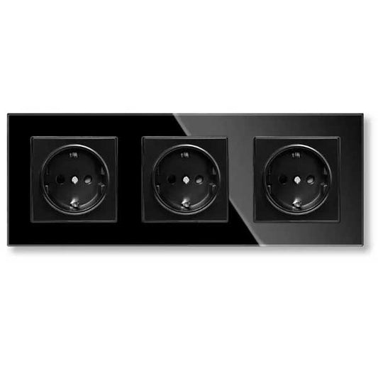 Priză Triplă Neagră cu Ramă din Sticlă Securizată, 16A, Design Modern, CLS-SM010
