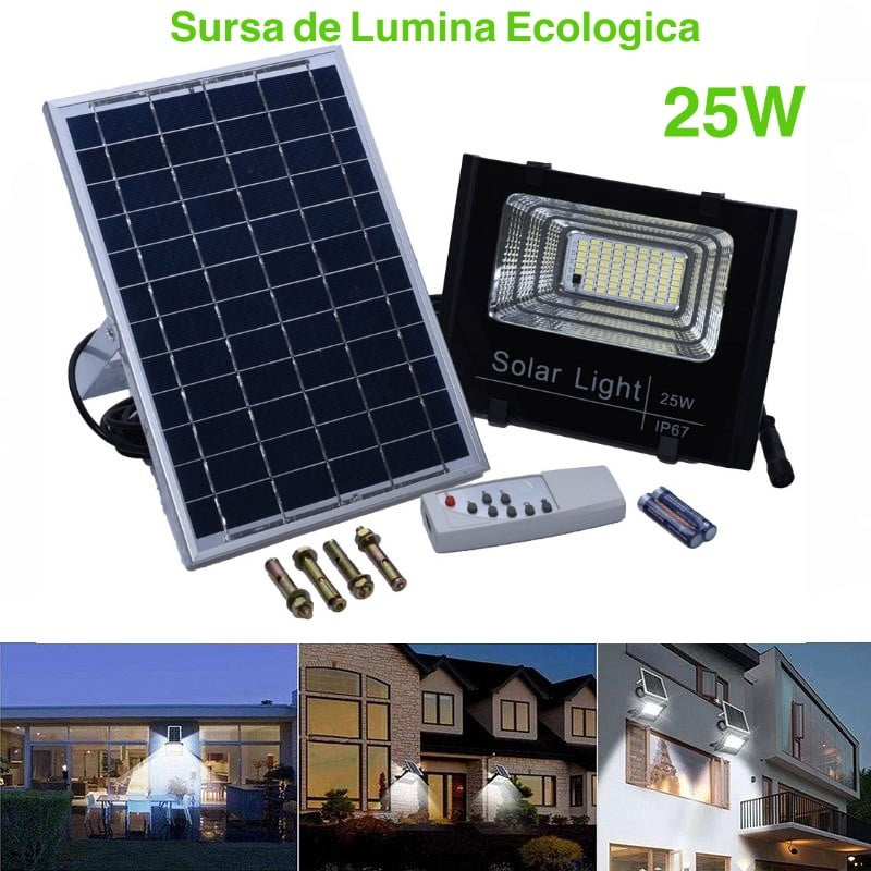 Proiector Solar LED 25W cu Panou Separat, Telecomandă, Temporizator și IP67, Q-18D034
