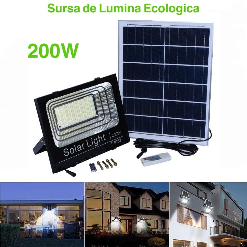 Proiector Solar LED 200W cu Panou Separat, Telecomandă și Protecție IP67, Q-18D038