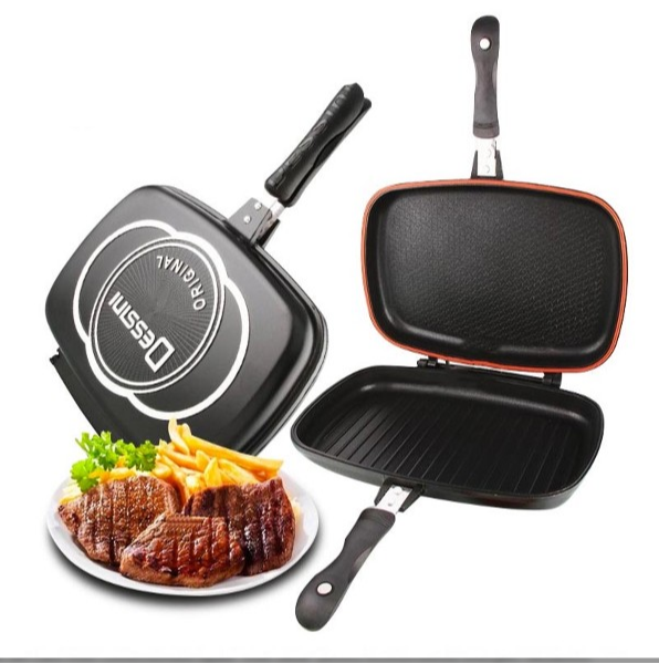 Tigaie Dublă Grill Dessini 36 cm cu Interior Antiaderent și Garnitură Silicon, A-127-35