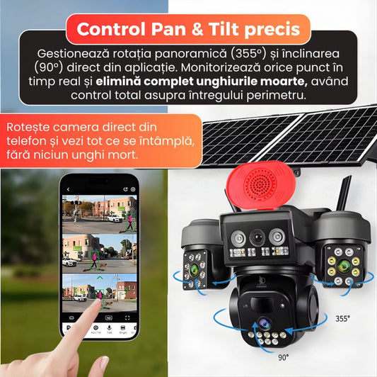 Cameră Supraveghere Solară 4G PTZ 12MP, IP66, Audio Bidirecțional, A-106