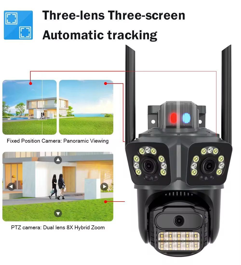 Camera Supraveghere Tripla 15MP 8K WiFi, Zoom 8X, Sirena, AI Tracking, Audio Bidirectional, IP66, A-103