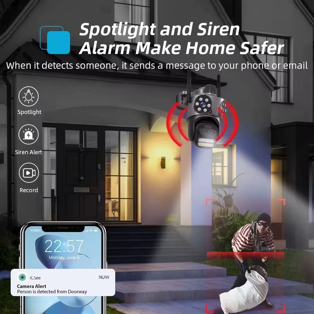 Camera Supraveghere Tripla 15MP 8K WiFi, Zoom 8X, Sirena, AI Tracking, Audio Bidirectional, IP66, A-103