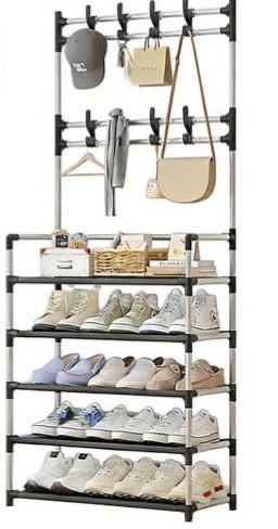 Cuier Multifunctional cu Pantofar Integrat, 5 Rafturi si 8 Agatatori, 171x80x28 cm, Negru, A-152-4