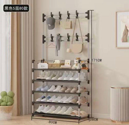 Cuier Multifunctional cu Pantofar Integrat, 5 Rafturi si 8 Agatatori, 171x80x28 cm, Negru, A-152-4
