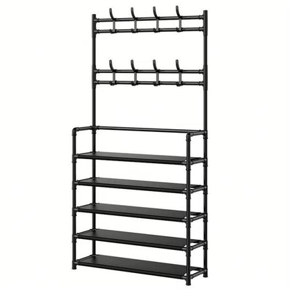 Cuier Haine cu Suport Pantofi 5 Rafturi si 8 Agatatori, 80x171x28 cm, Negru, A-152-3