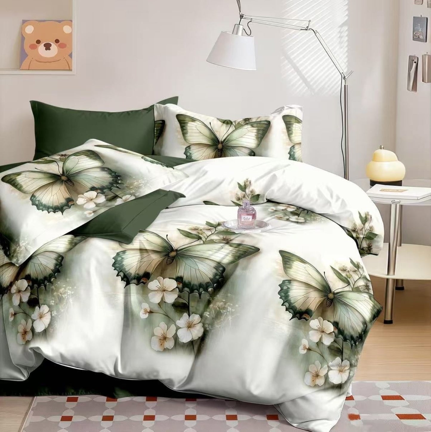 Lenjerie Pat Finet cu Elastic 6 Piese, Fluturi Verzi & Flori Albe, 180x200 cm, TLO100