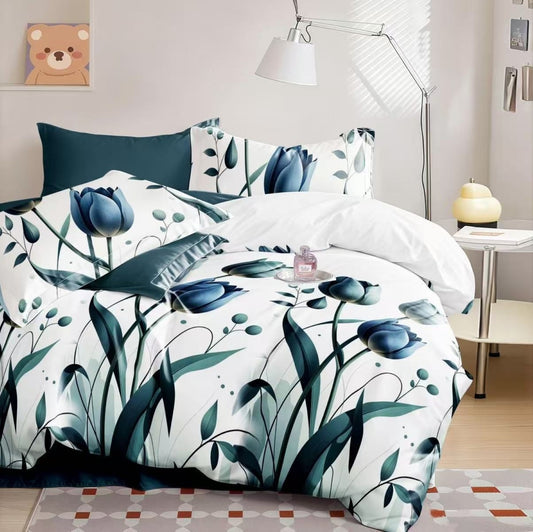 Lenjerie Pat Finet cu Elastic 6 Piese, Lalele Albastre, 180x200 cm, TLO103