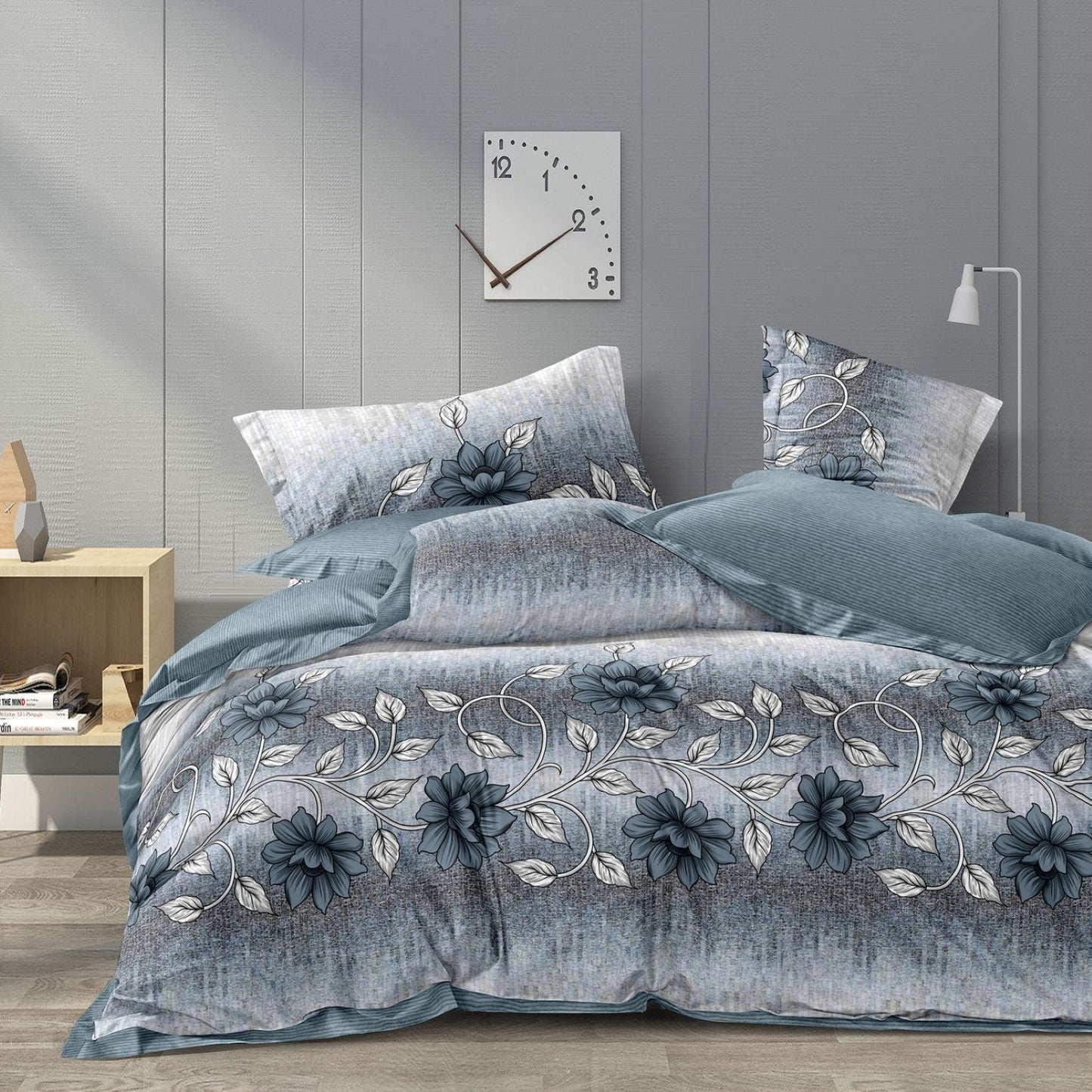 Lenjerie Pat Finet cu Elastic 6 Piese, Abstract Floral, Gri-Albastru, 180x200 cm, TLO108