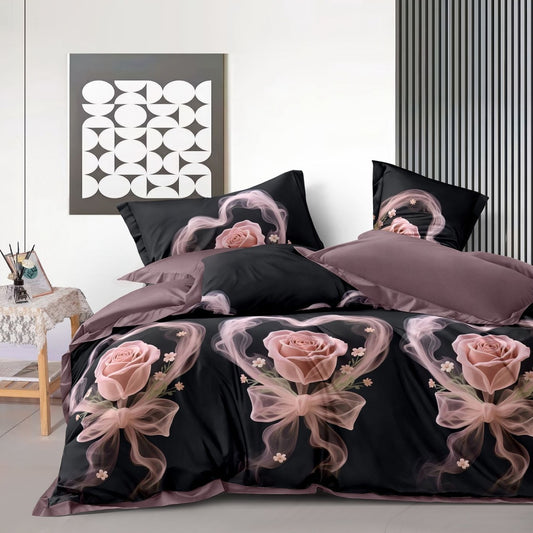 Lenjerie Pat Finet cu Elastic 6 Piese, Trandafiri Roz pe Negru, 180x200 cm, TLO111