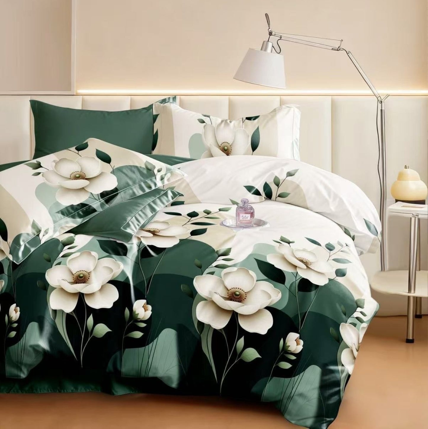 Lenjerie Pat Finet cu Elastic 6 Piese, Magnolii Verde Închis, 180x200 cm, TLO115