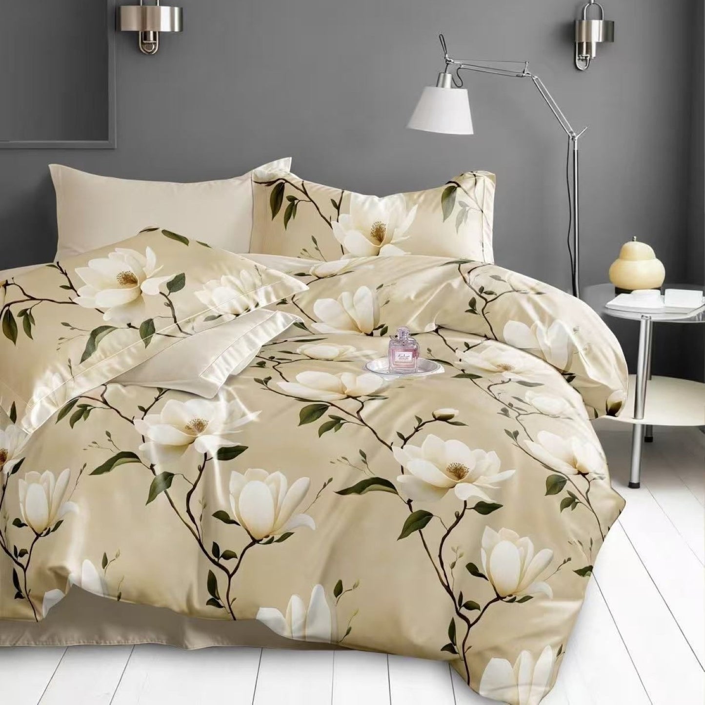 Lenjerie Pat Finet cu Elastic 6 Piese, Viță Florală Bej, 180x200 cm, TLO116