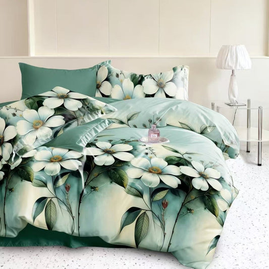 Lenjerie Pat Finet cu Elastic 6 Piese, Model Floral, Verde Menta, 180x200 cm, TLO126