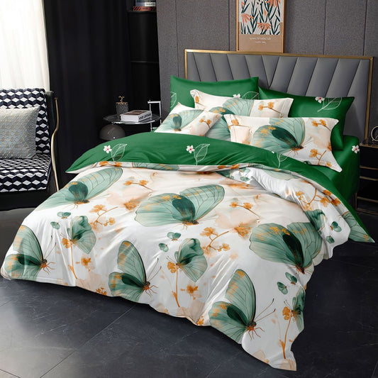 Lenjerie Pat Finet cu Elastic 6 Piese, Frunze Tropicale/Fluturi, Verde, 180x200 cm, TLO118