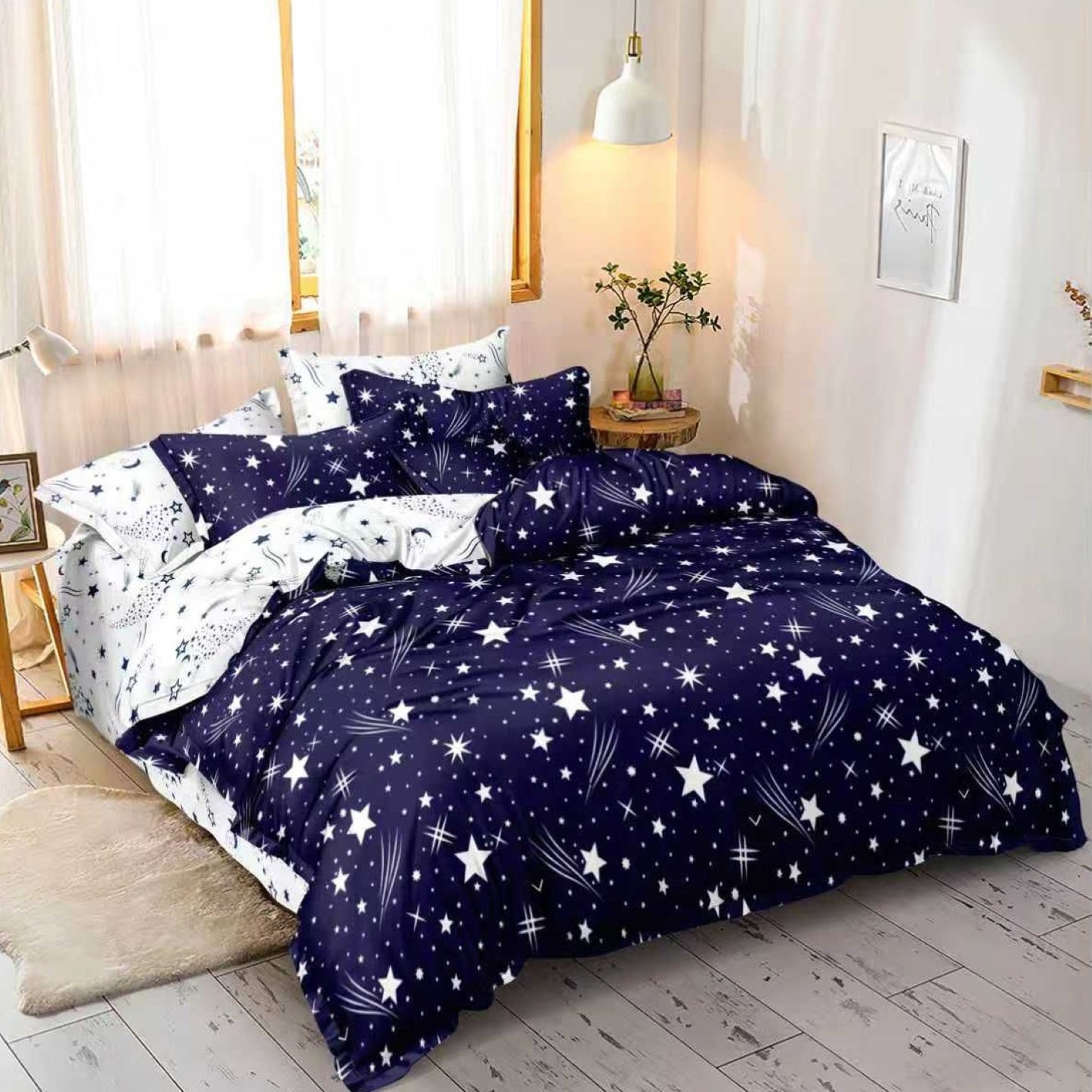 Lenjerie Pat Finet cu Elastic 6 Piese, Stelute Albastre, 180x200 cm, TLO120