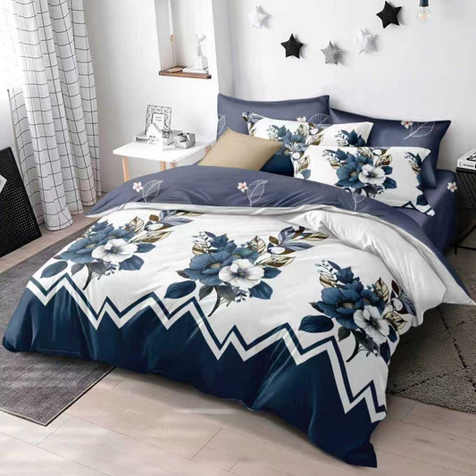 Lenjerie Pat Finet cu Elastic 6 Piese, Model Floral, Lila/Alb/Albastru, 180x200 cm, TLO122