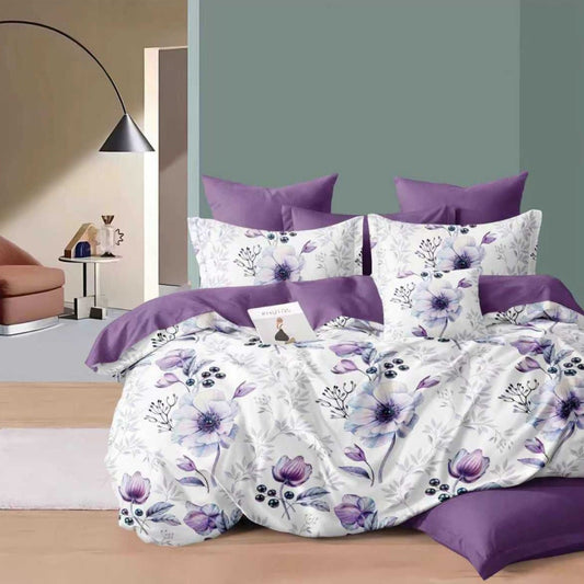 Lenjerie Pat Finet cu Elastic 6 Piese, Floral, Alb/Mov, 180x200 cm, TLO124