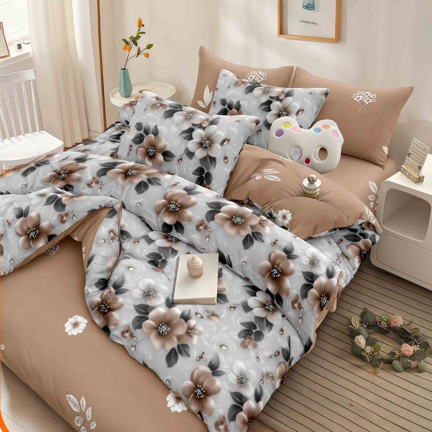 Lenjerie Pat Finet cu Elastic 6 Piese, Floral, Crem/Gri, 180x200 cm, TLO125