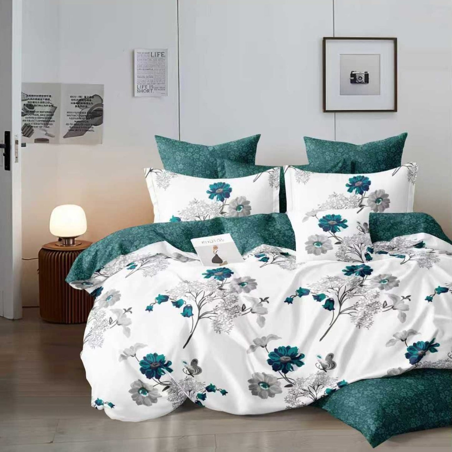 Lenjerie Pat Finet cu Elastic 6 Piese, Model Floral Verde Smarald, 180x200 cm, TLO136