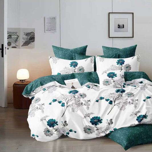 Lenjerie Pat Finet cu Elastic 6 Piese, Model Floral Verde Smarald, 180x200 cm, TLO136