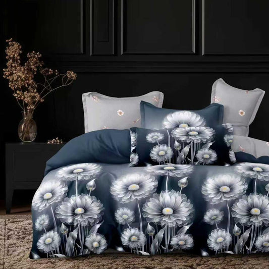 Lenjerie Pat Finet cu Elastic 6 Piese, Floral Alb/Albastru, 180x200 cm, TLO132