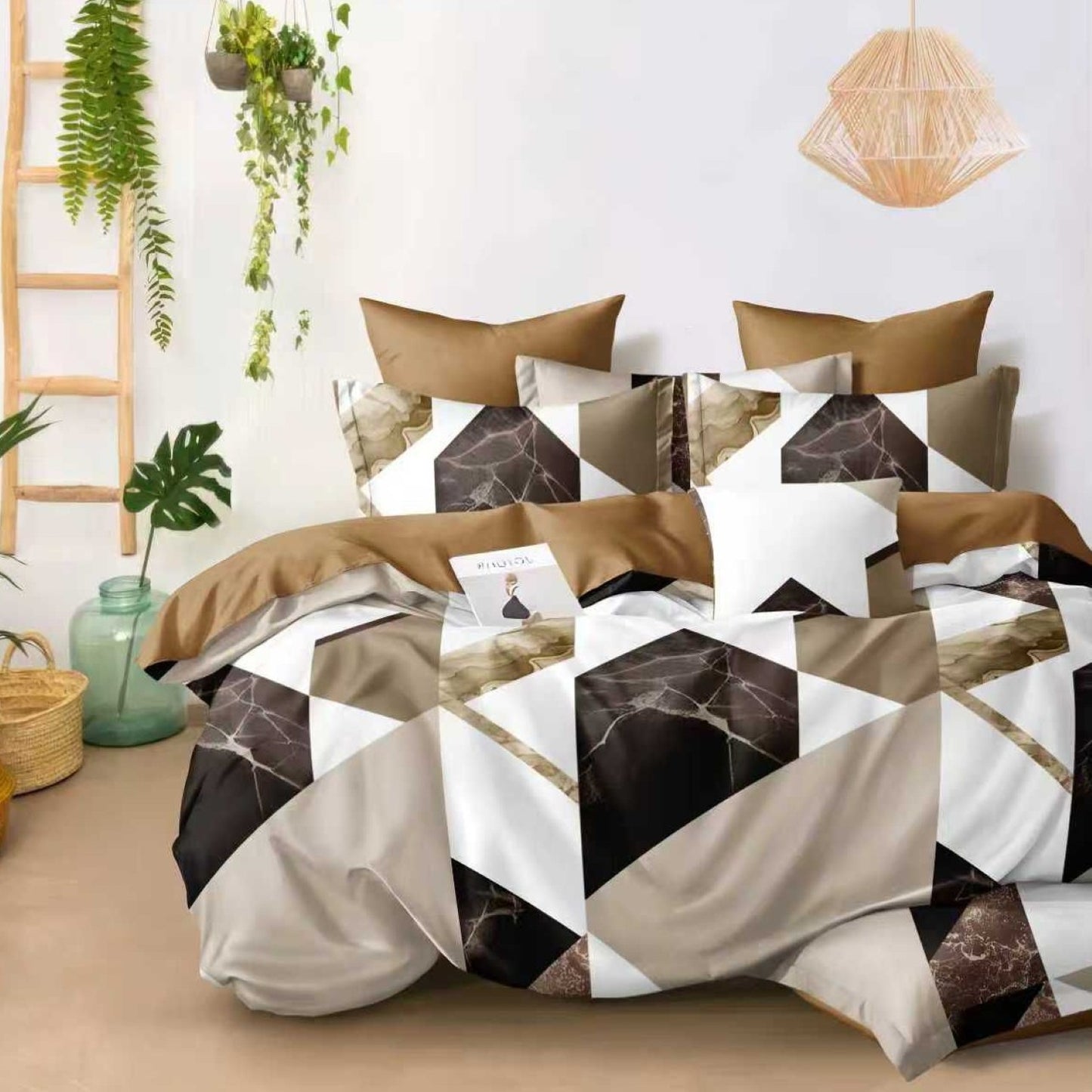 Lenjerie Pat Finet cu Elastic 6 Piese, Model Geometric Maro-Alb, 180x200 cm, TLO133