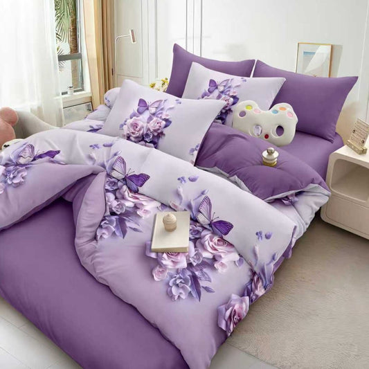 Lenjerie Pat Finet cu Elastic 6 Piese, Buchet Floral Mov, 180x200 cm, TLO135