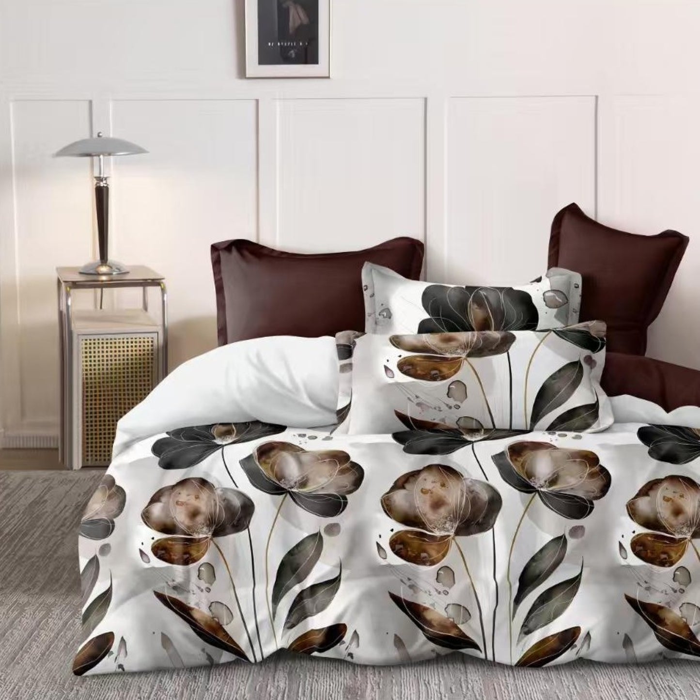 Lenjerie Pat Finet cu Elastic 6 Piese, Floral, Alb/Maro, 180x200 cm, TLO146