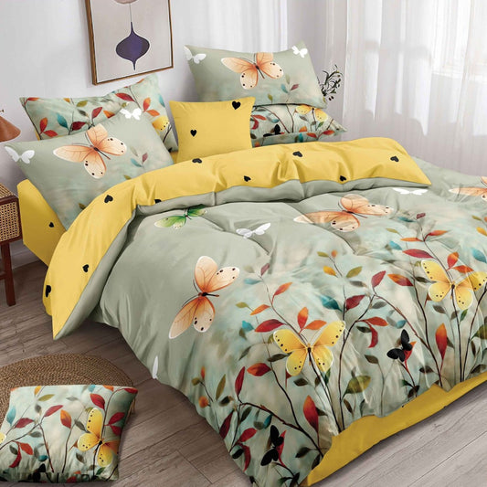 Lenjerie Pat Finet cu Elastic 6 Piese, Fluturi&Inimioare, Galben/Verde, 180x200 cm, TLO139