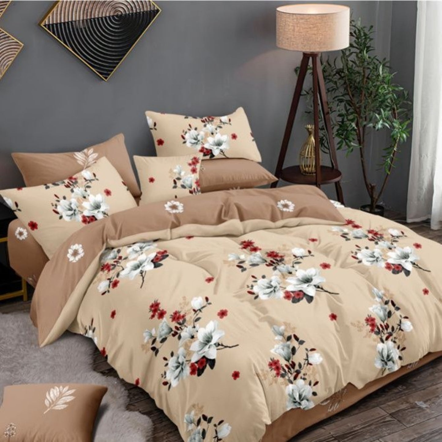 Lenjerie Pat Finet cu Elastic 6 Piese, Buchete Florale, Crem/Bej, 180x200 cm, TLO141