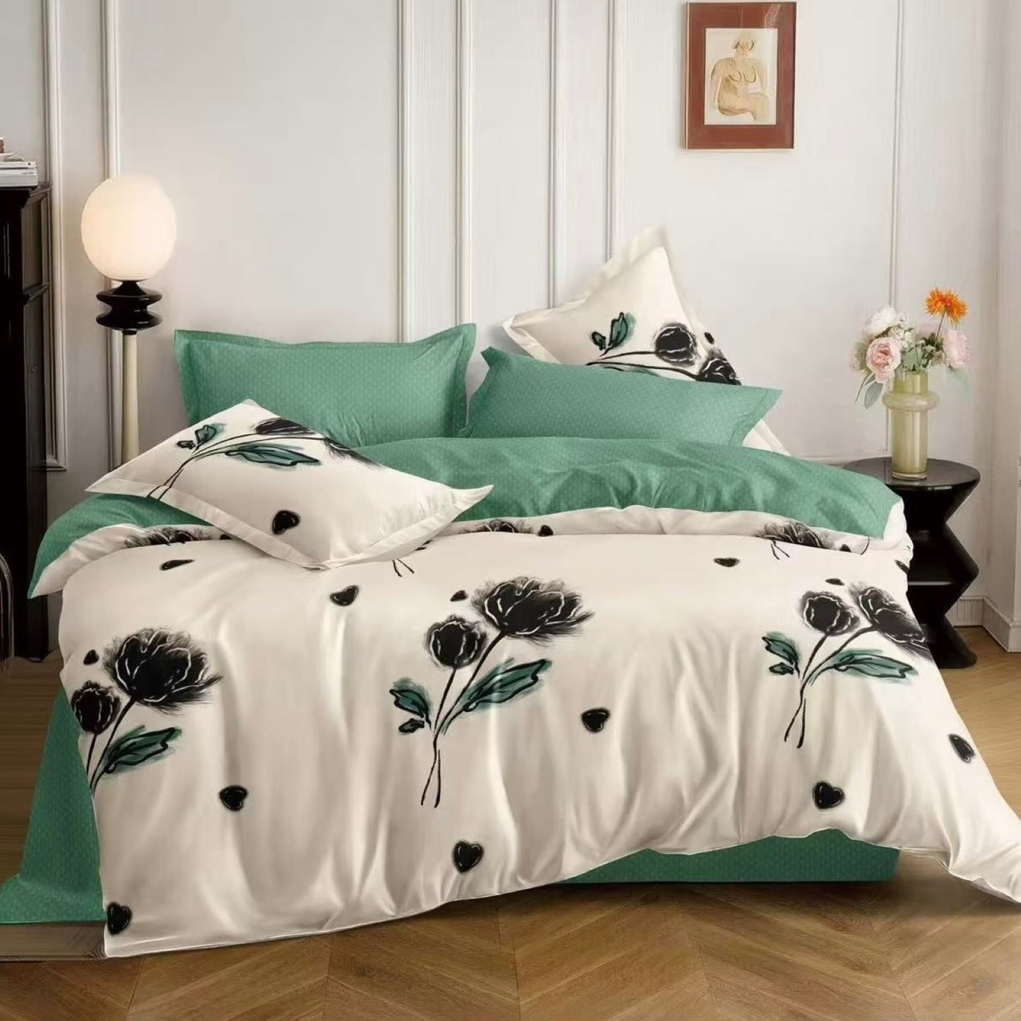Lenjerie Pat Finet cu Elastic 6 Piese, Trandafir Negru, Alb/Verde, 180x200 cm, TLO145