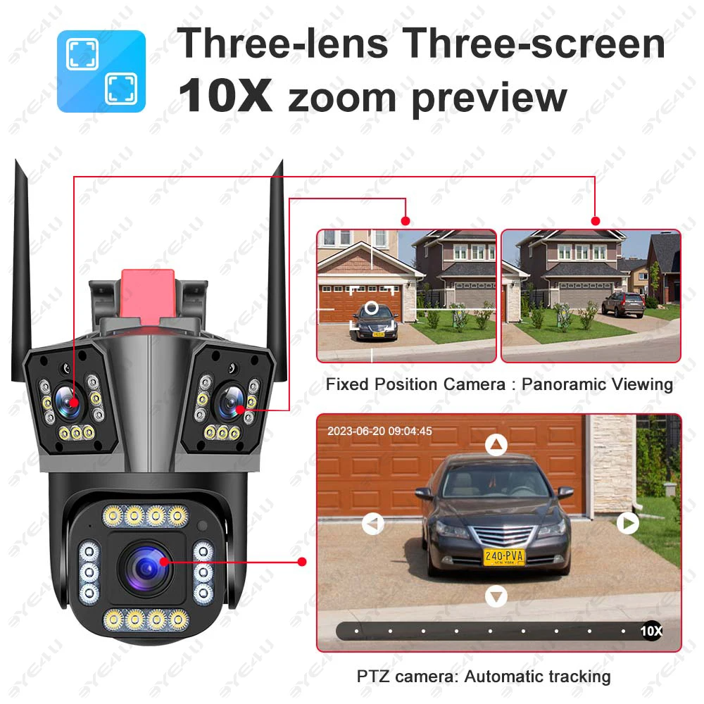 Camera de Supraveghere Tripla WIFI 12MP Ultra HD — Control și Siguranță Zi de Zi