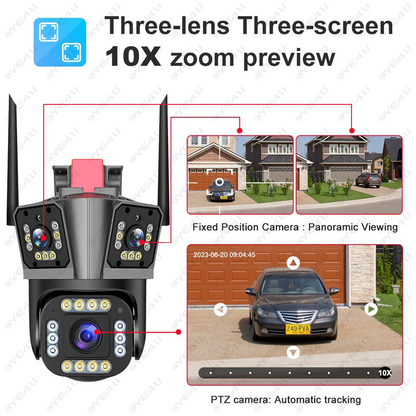 Camera de Supraveghere Tripla WIFI 12MP Ultra HD — Control și Siguranță Zi de Zi