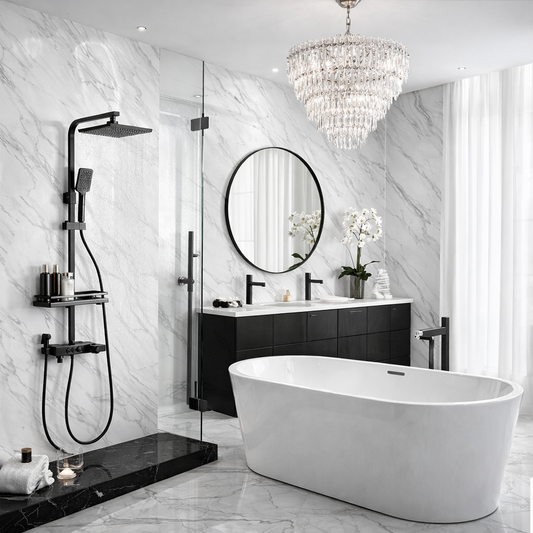 Coloană de Duș Premium cu Baterie Termostatică și Sistem Rain Shower, Negru Mat, A-165-9