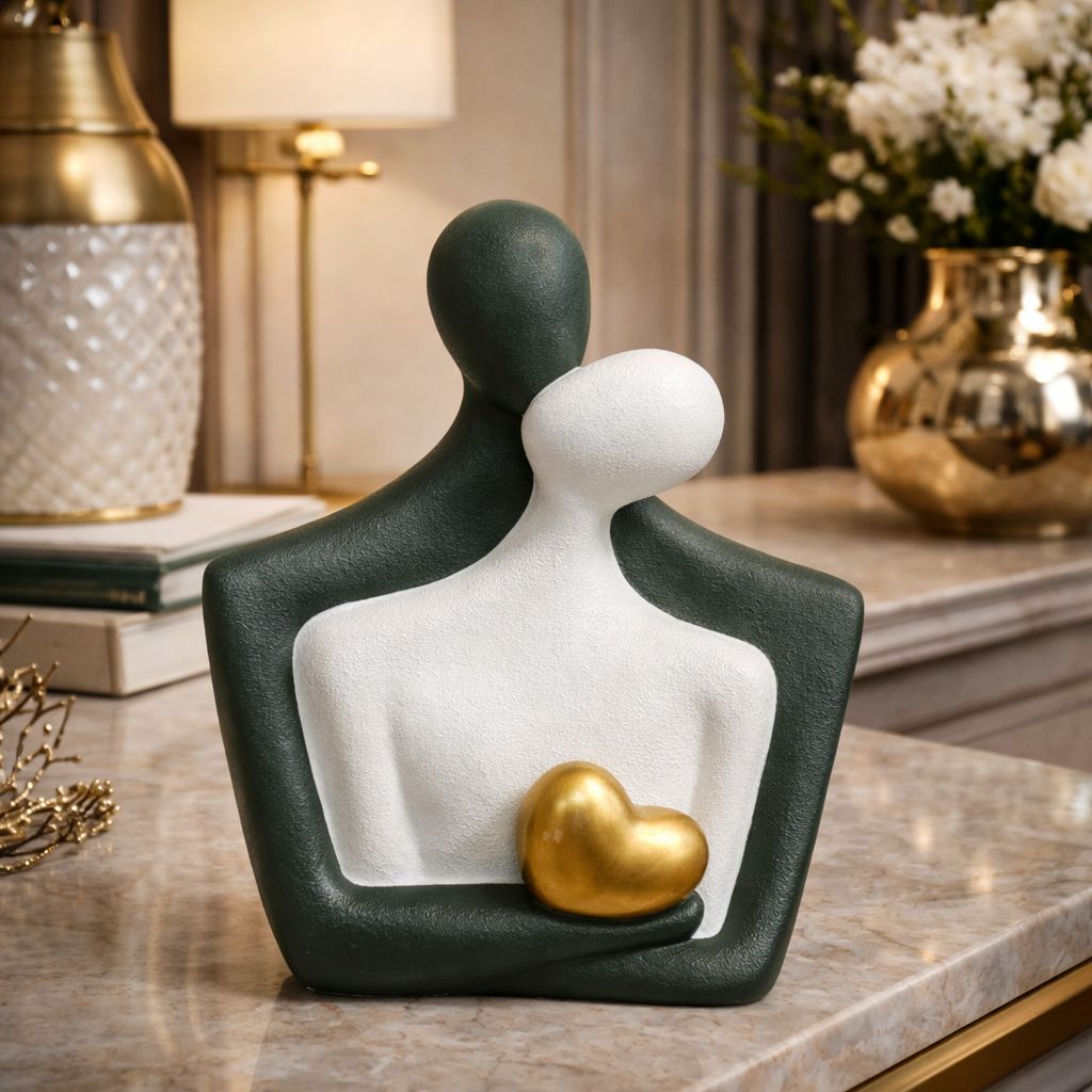 Decorativa cuplu abstract imbratisat cu inima aurie din ceramica — Soluție Practică Pentru Acasă
