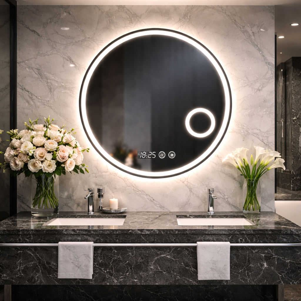 Oglinda LED Rotunda 70 cm cu Ceas — Confort Practic Pentru Casa Ta