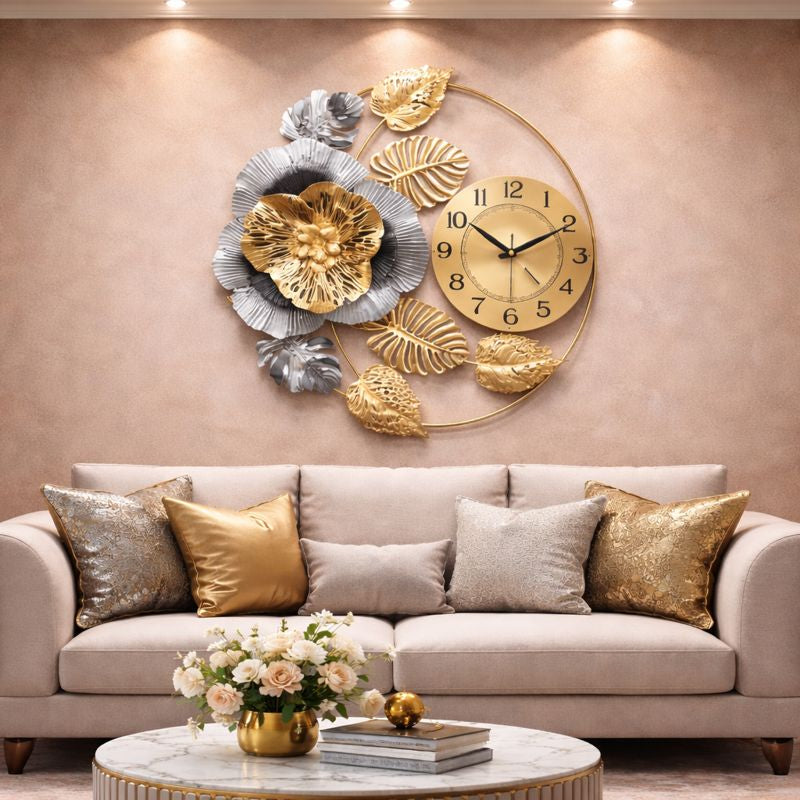 Ceas de perete decorativ floral auriu argintiu 60 cm — Confort Practic Pentru Casa Ta