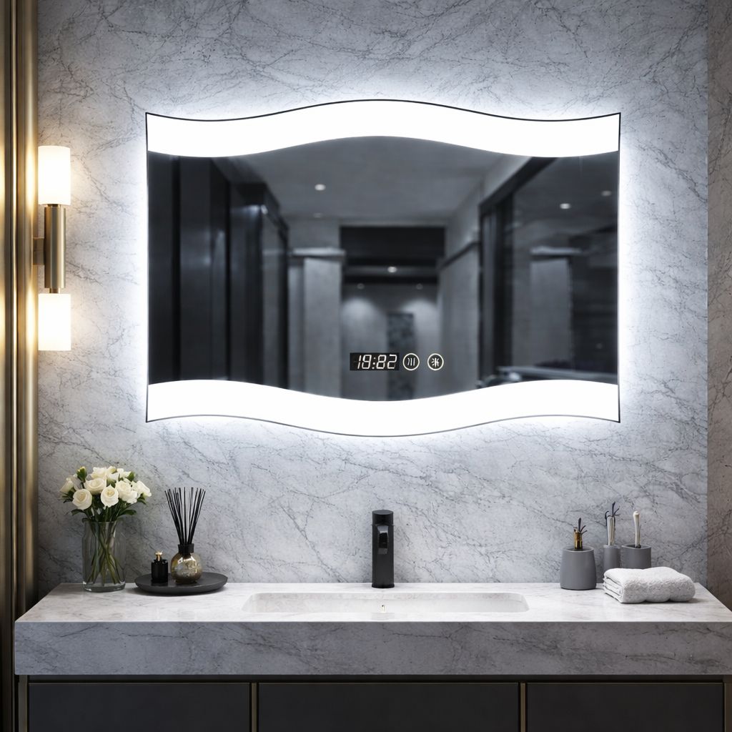 Oglinda LED 60 x 80 cm cu Design Ondulat — Confort Practic Pentru Casa Ta