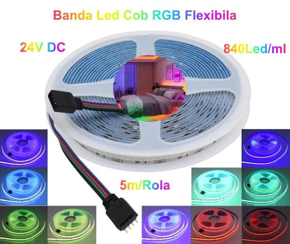 Bandă LED COB RGB 24V, 5m, 840 LED/m, 16W/m, 10mm, Q-18A133
