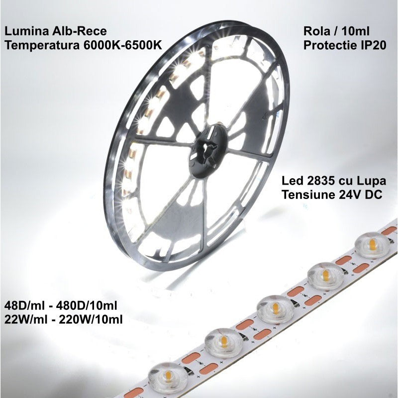 Bandă LED 2835 cu Lupă, 24V, Alb Rece 6500K, 480 LED, 220W, IP20, Rolă 10 m, Q-18A165 – EsentaCasei
