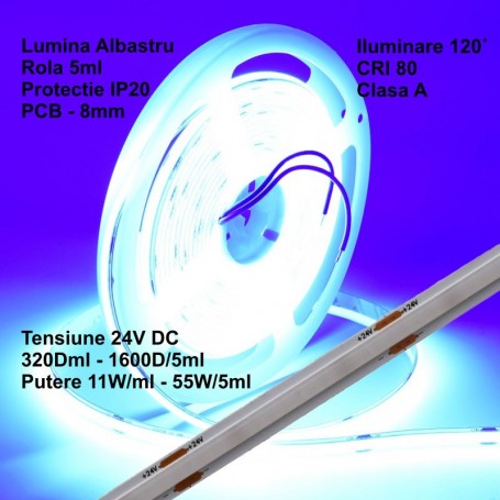 Bandă LED COB 24V, Albastră, 320 LED/m, 11W/m, IP20, Rolă 5 m, Q-18A179 – EsentaCasei