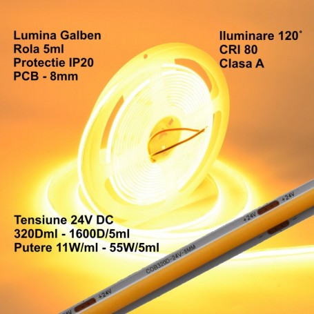 Bandă LED COB 24V, Galbenă, 320 LED/m, 11W/m, IP20, Rolă 5 m, Q-18A180 – EsentaCasei