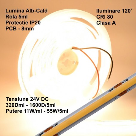 Bandă LED COB 24V, Alb Cald 3500K, 320 LED/m, IP20, Rolă 5 m, Q-18A176 – EsentaCasei