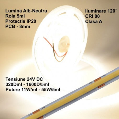 Bandă LED COB 24V, Alb Natural 4500K, 320 LED/m, IP20, Rolă 5 m, Q-18A177 – EsentaCasei