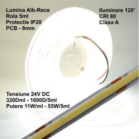 Bandă LED COB 24V, Alb Rece 6500K, 320 LED/m, IP20, Rolă 5 m, Q-18A175 – EsentaCasei