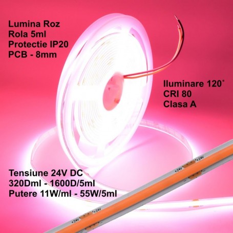 Bandă LED COB 24V, Roz, 320 LED/m, 11W/m, IP20, Rolă 5 m, Q-18A182 – EsentaCasei