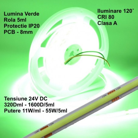 Bandă LED COB 24V, Verde, 320 LED/m, 11W/m, IP20, Rolă 5 m, Q-18A181 – EsentaCasei