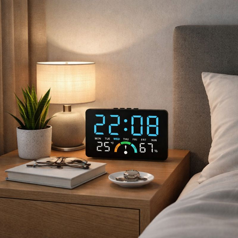 Ceas digital LED cu termometru si higrometru Afisaj mare iluminat — Confort Practic Pentru Casa Ta