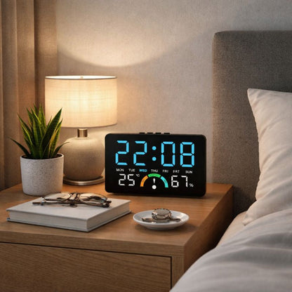 Ceas digital LED cu termometru si higrometru Afisaj mare iluminat — Confort Practic Pentru Casa Ta