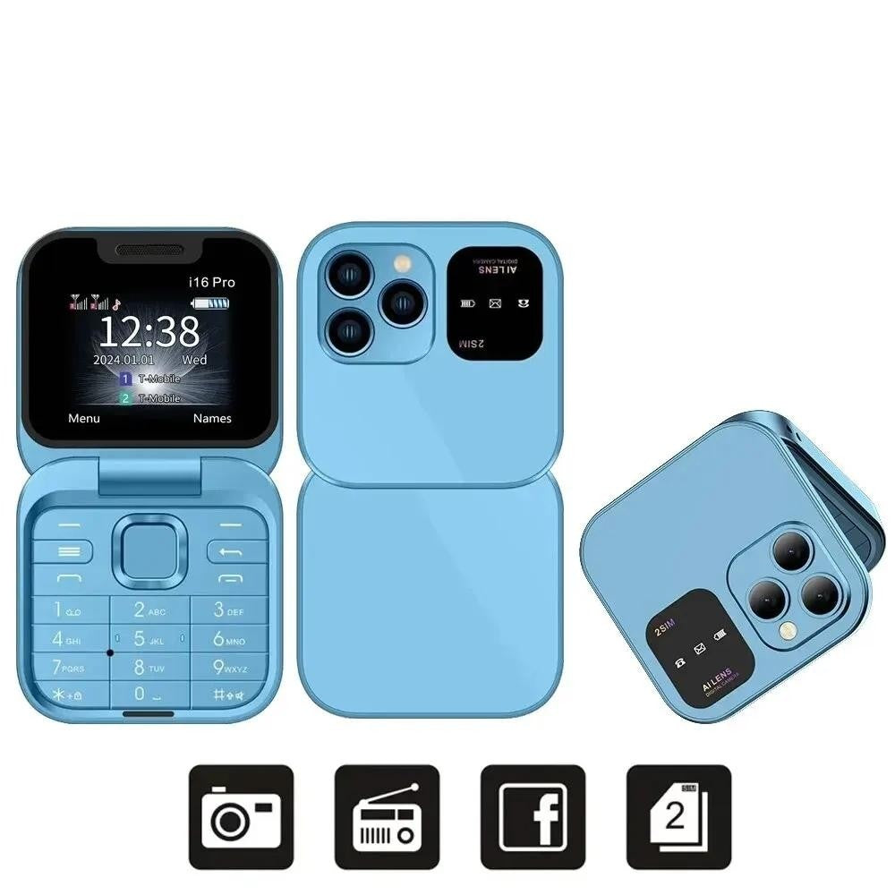 Telefon Mini Pliabil Flip Phone i16 Pro Dual SIM cu Bluetooth și Cameră, A-147-5